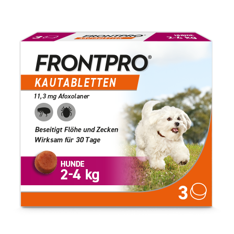 Die Frontpro Kautablette für Hunde wirkt als Floh- und Zeckentablette gegen Zecken und Flöhe gleichzeitig.