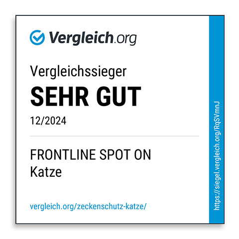 Frontline Spot On Katze: ausgezeichnet mit der Note "sehr gut" als Vergleichsieger im Bereich Zeckenmittel für Katzen.